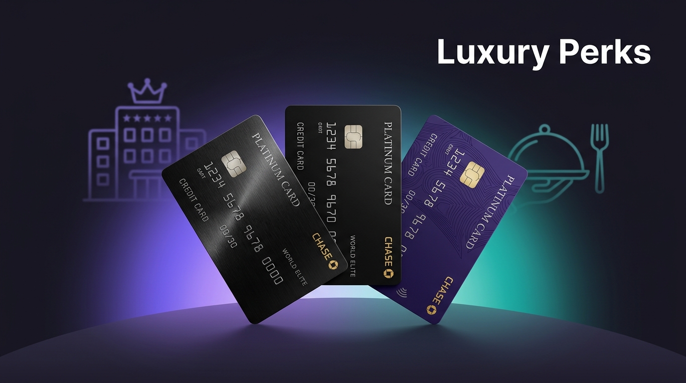 Fan of luxury credit cards with hotel and dining icons, and 'Luxury Perks' text