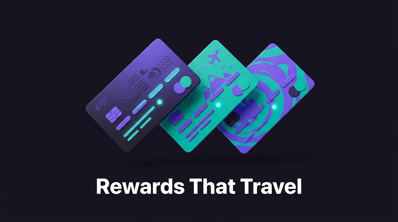 Three floating credit cards with reward point dots and text Rewards That Travel