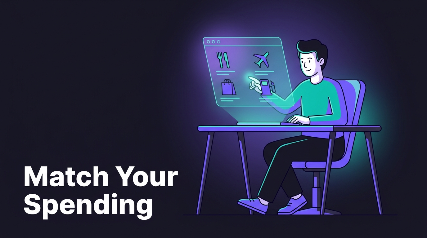 Illustration of a person analysing spending categories on a laptop