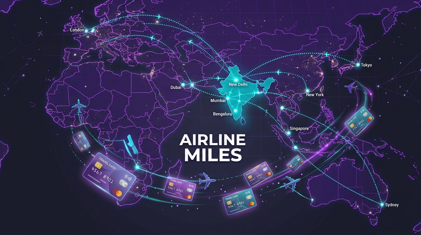 World map with flight routes and credit card earning airline miles