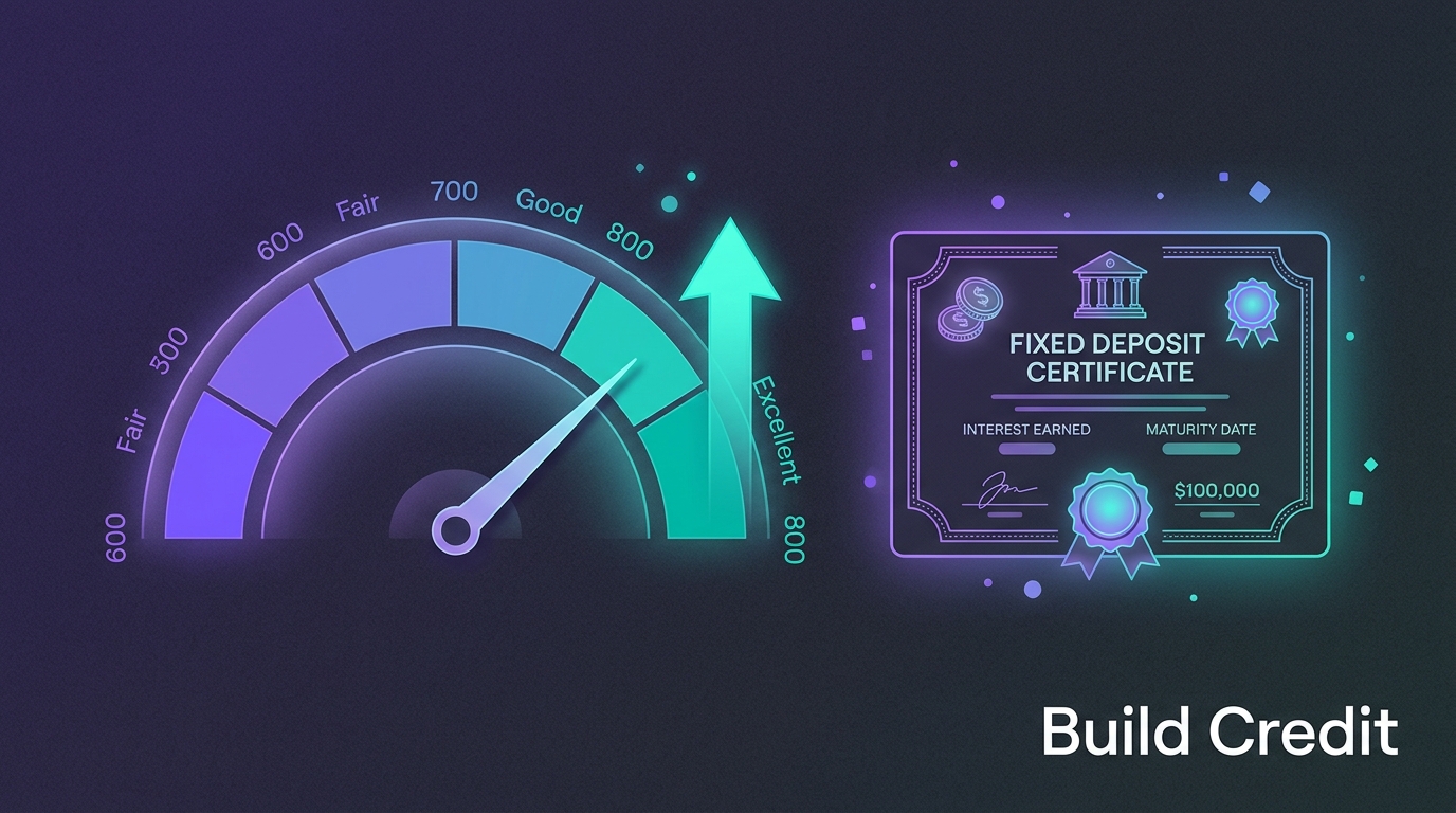 Credit score gauge showing improvement with a fixed deposit certificate