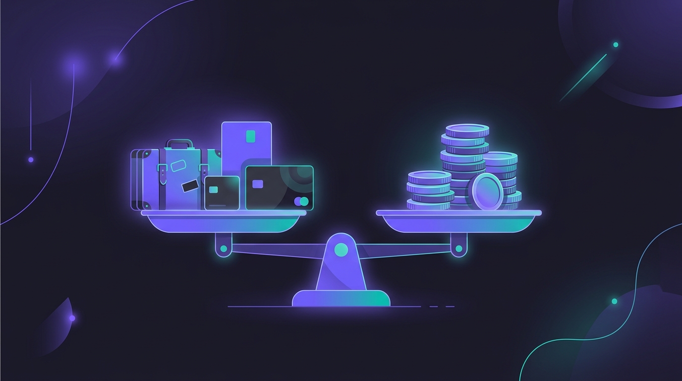 Balance scale weighing credit cards against a suitcase and coins