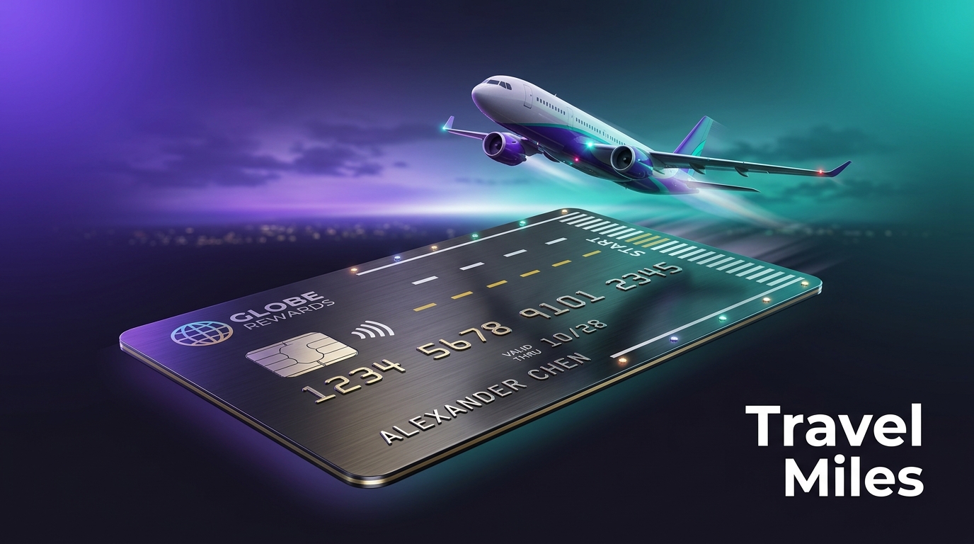 Airplane taking off from a runway shaped like a credit card
