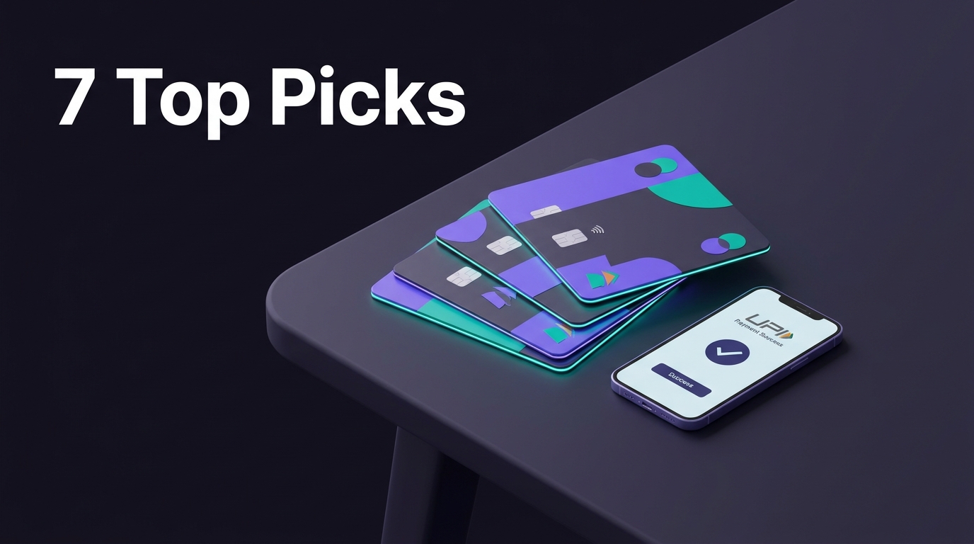 Three fanned credit cards with a smartphone showing UPI payment success