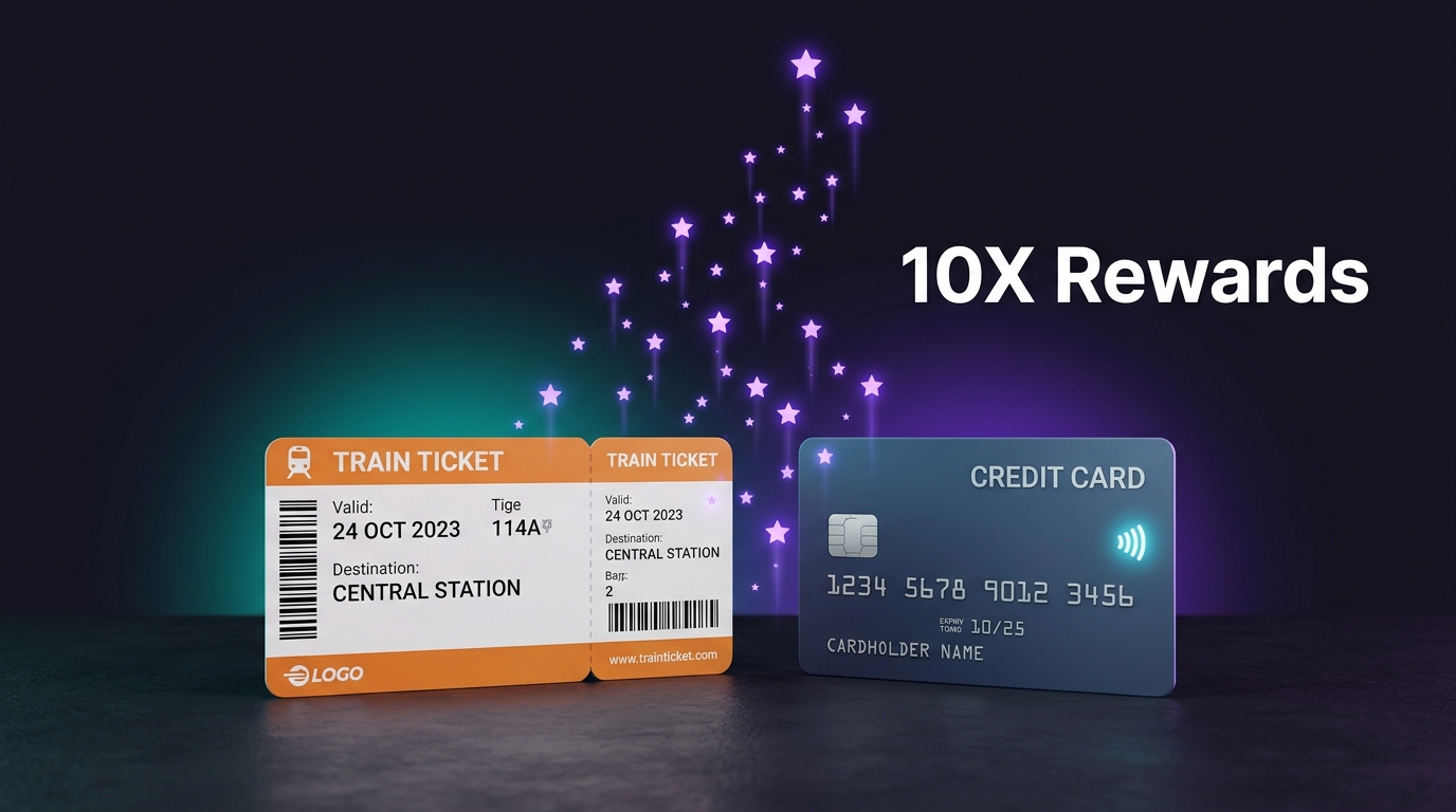 Train ticket and credit card with floating reward stars