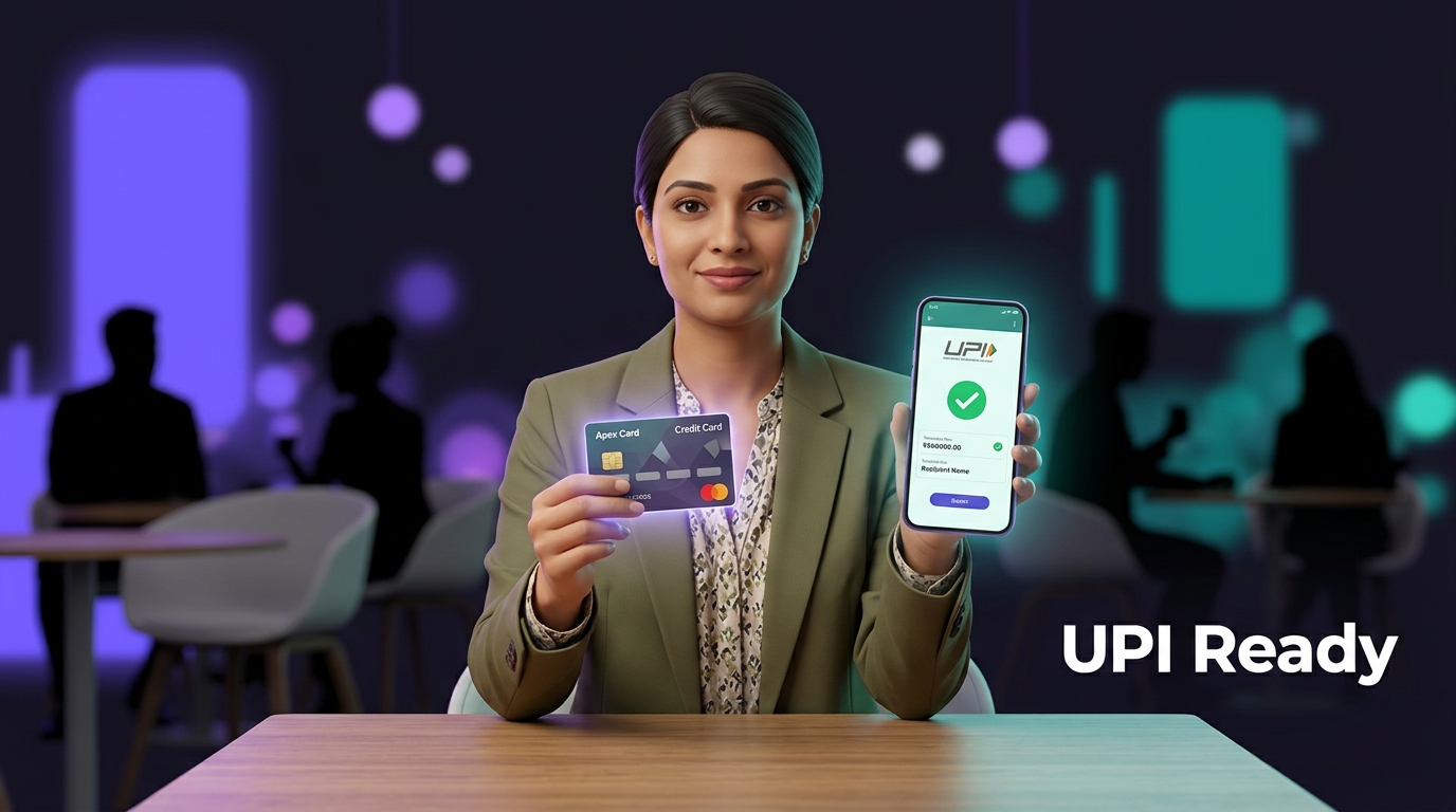 Woman using a credit card and phone for a UPI payment at a café
