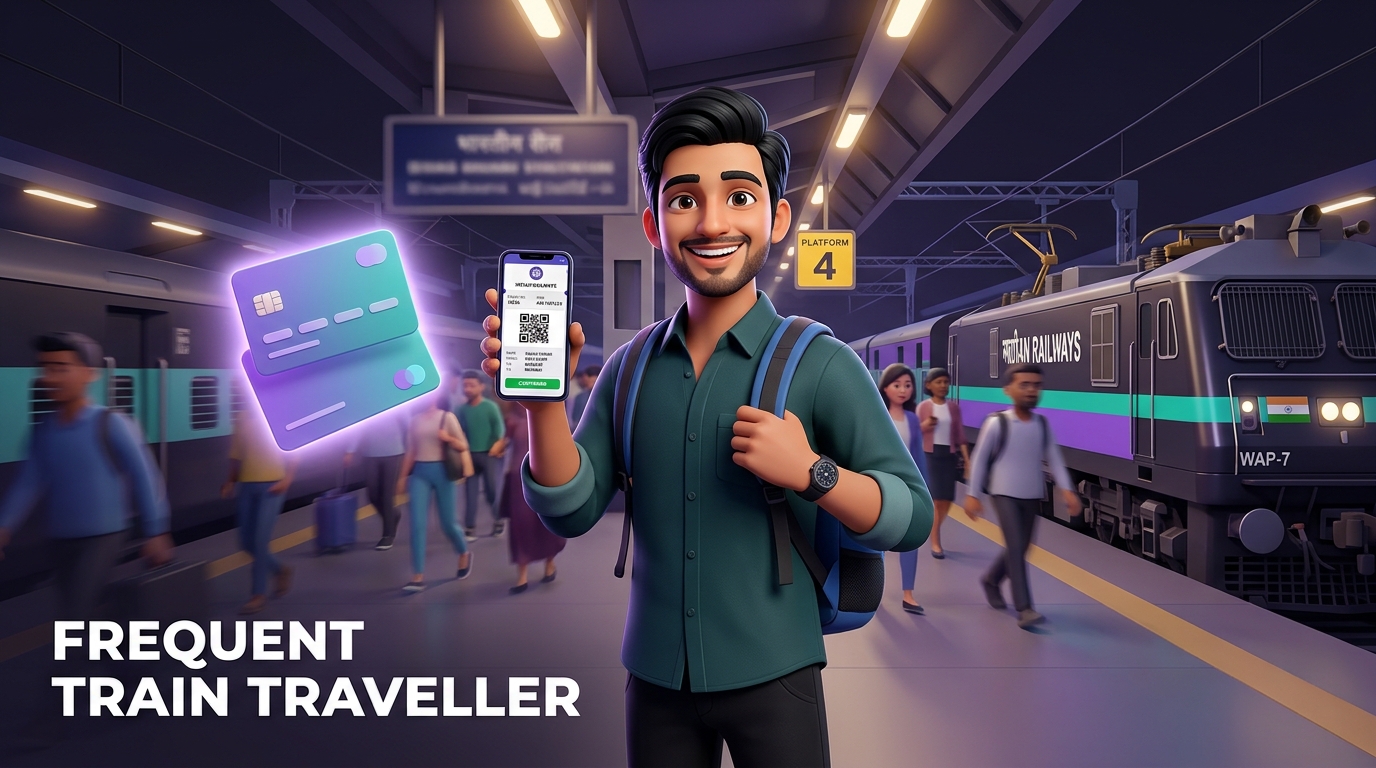Traveller at railway station checking phone with floating credit cards