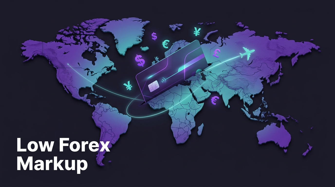 Credit card on a world map with currency symbols and 'Low Forex Markup' text