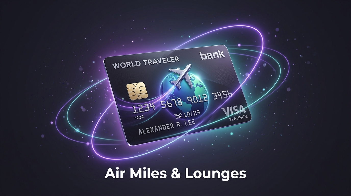 Generic credit card with airplane and globe, text Air Miles and Lounges