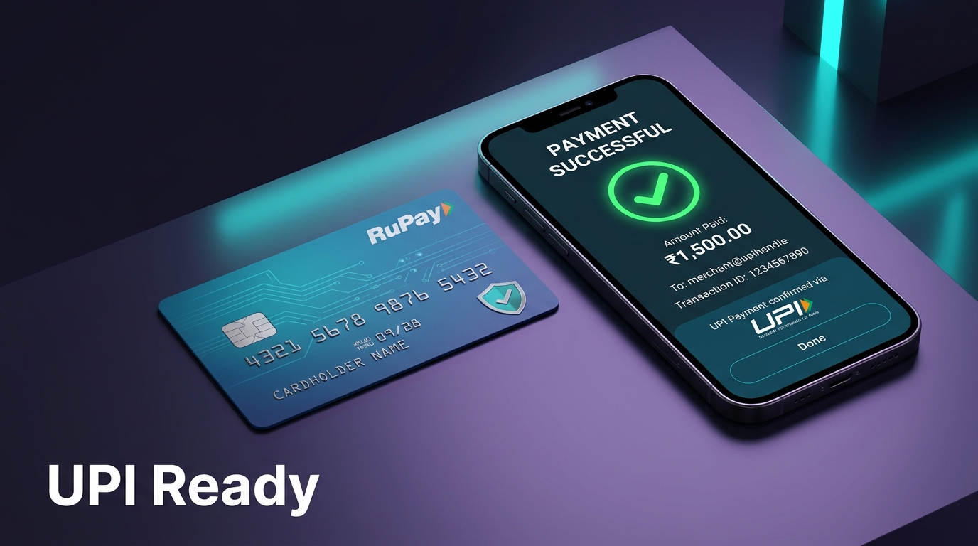 Generic RuPay credit card next to a smartphone showing UPI payment success
