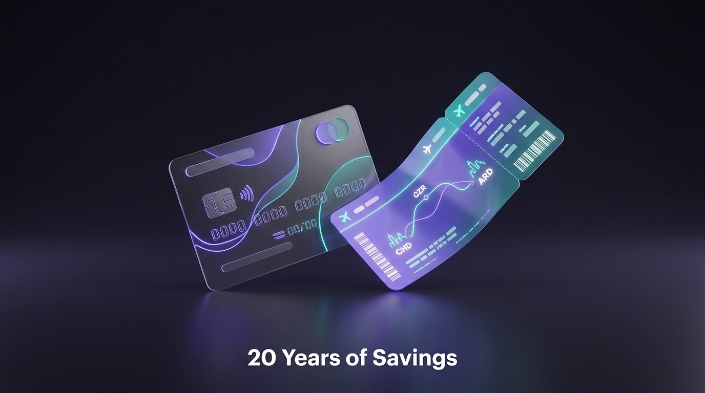 Credit card and airplane ticket showing years of travel savings