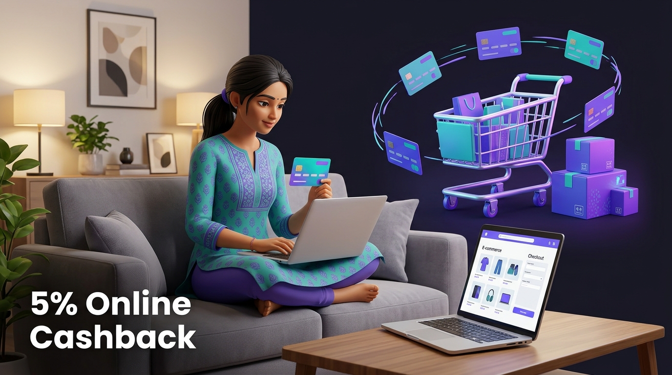 Young woman shopping online with a credit card, surrounded by delivery boxes and floating cards