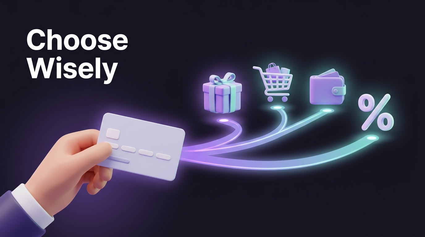Hand holding a credit card with festive shopping symbols around it
