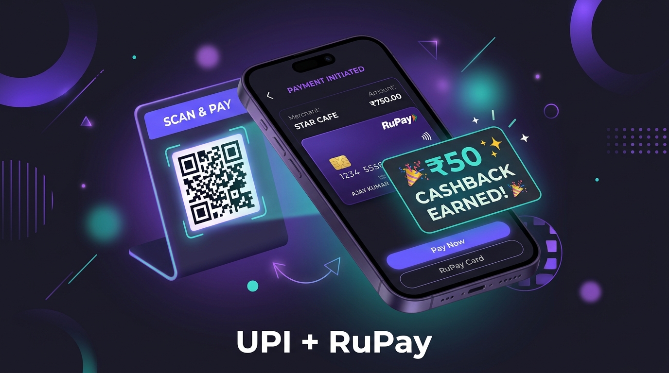 Smartphone scanning a QR code with a RuPay credit card linked to UPI and a cashback notification