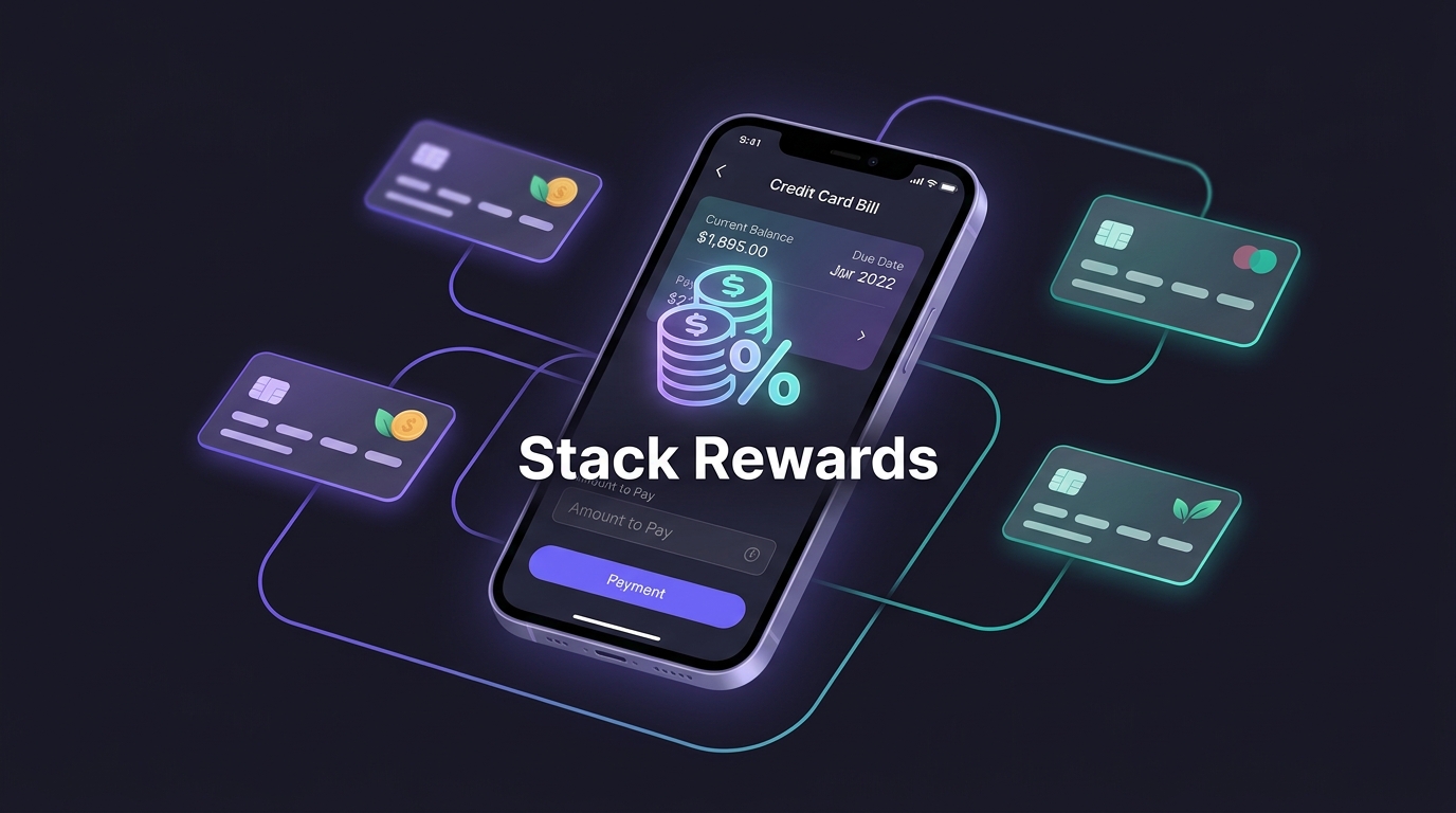 Illustration of a phone paying a credit card bill with cashback and floating cards
