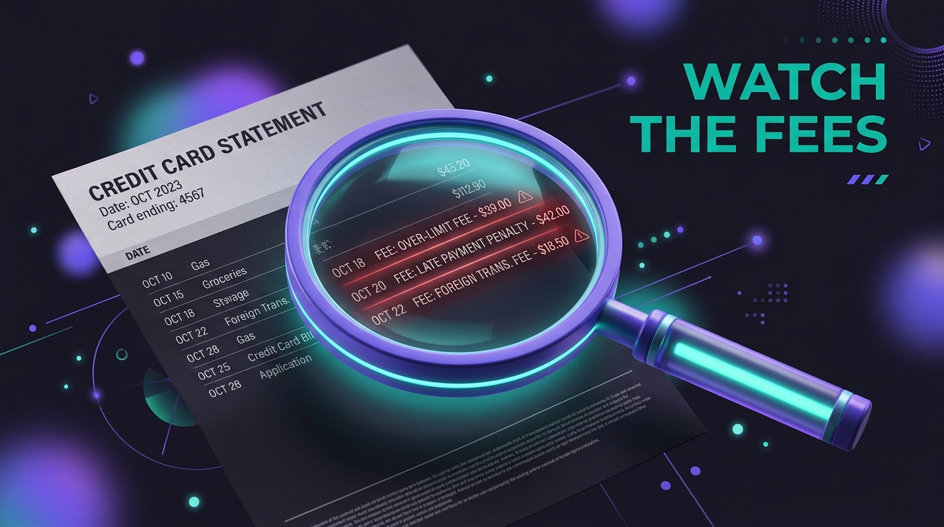 Magnifying glass revealing hidden fees on a credit card bill