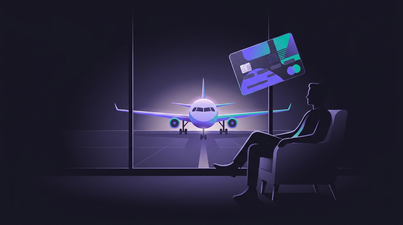 Traveller relaxing in an airport lounge with a floating credit card