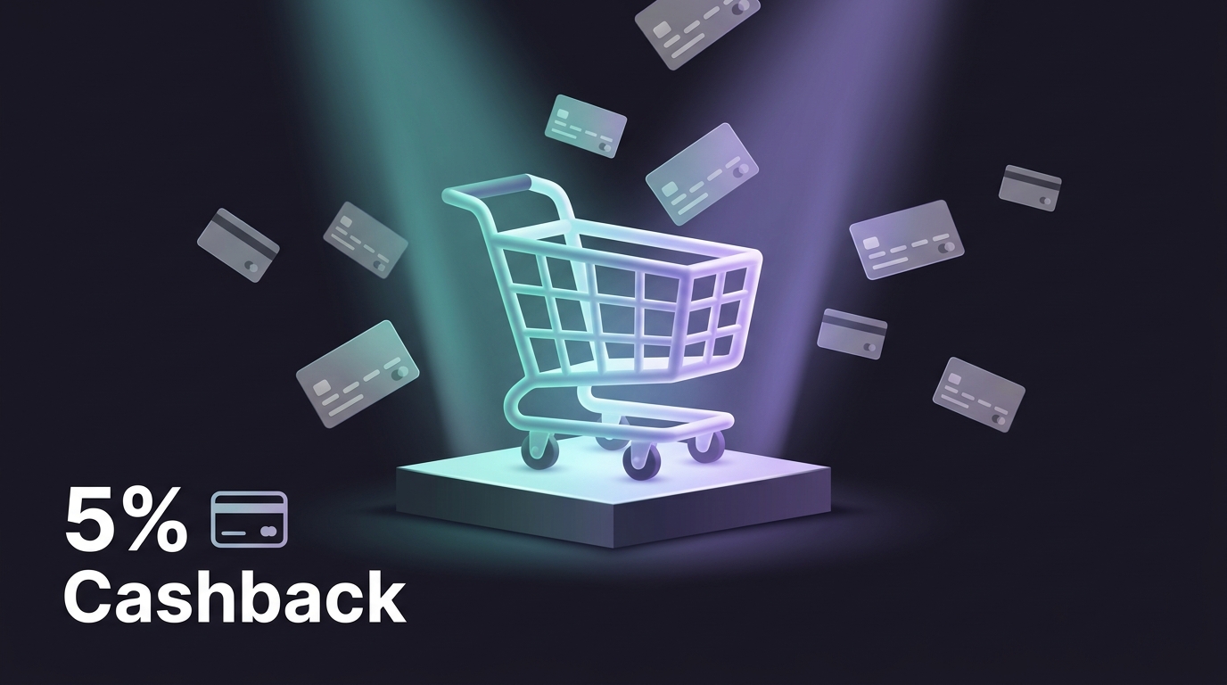 Illustration of a glowing shopping cart with floating credit cards and text 5% Cashback on a dark background