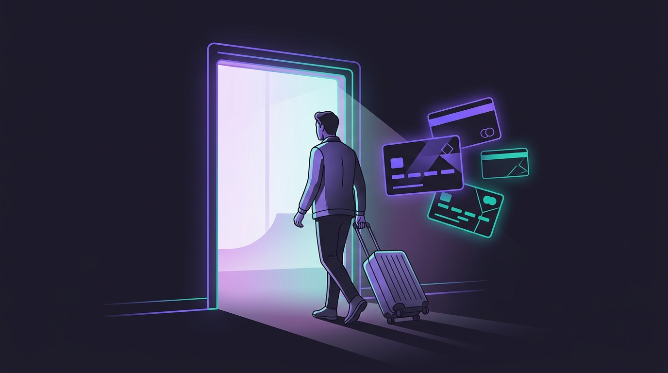 Traveller with a suitcase entering an airport lounge, with floating cards beside
