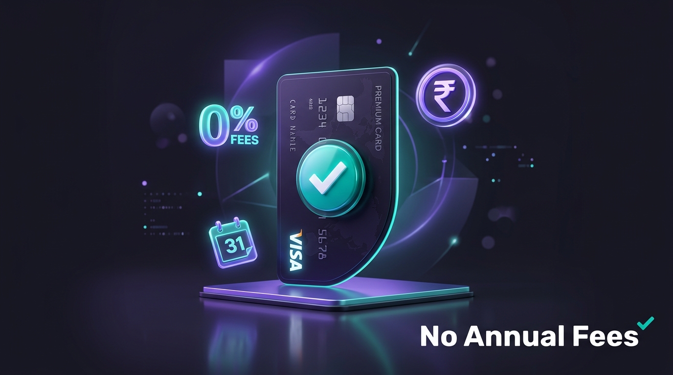 Credit card with a checkmark symbolizing no annual fees