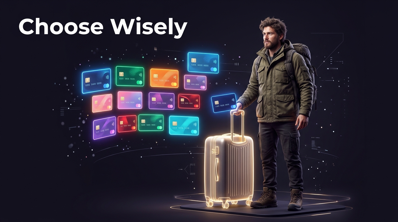 Traveler choosing between glowing credit cards with text choose wisely