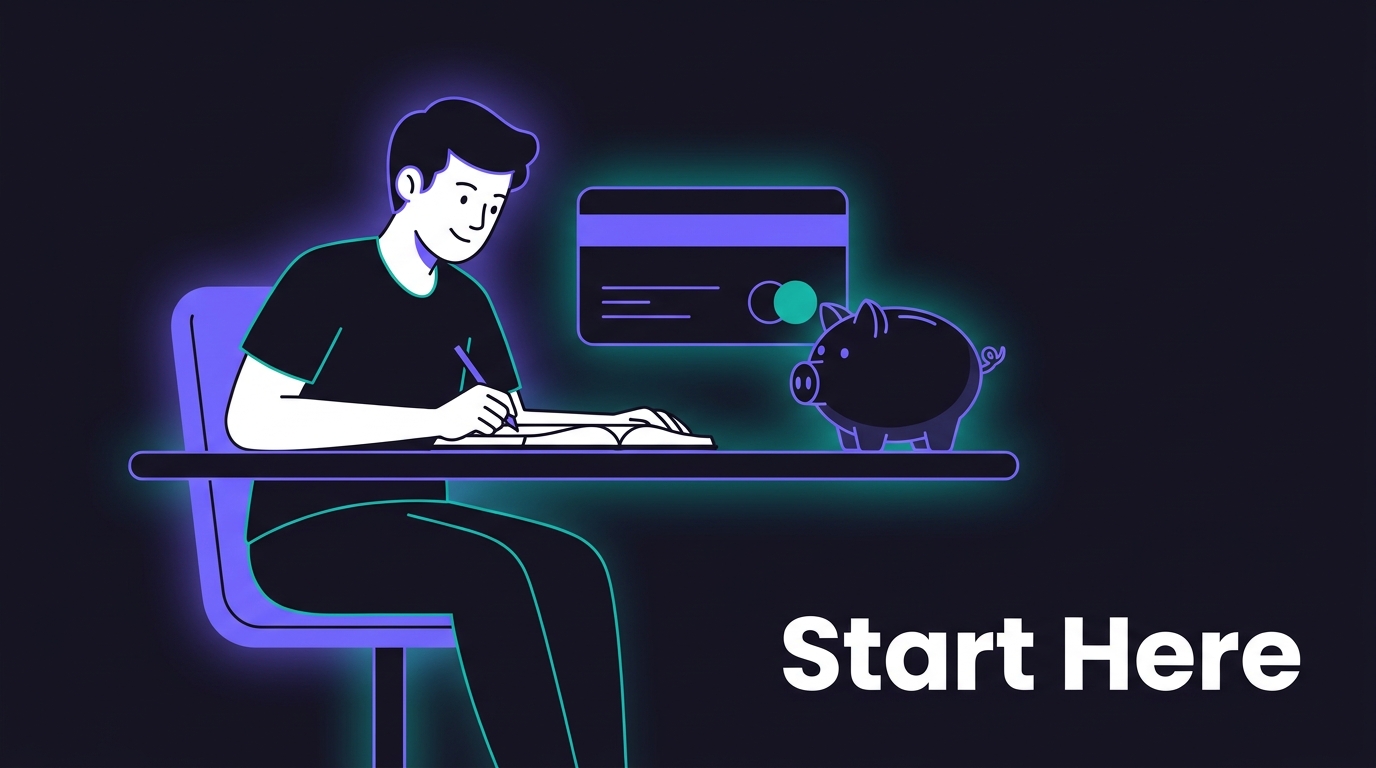 Student at desk with credit card and piggy bank, text Start Here