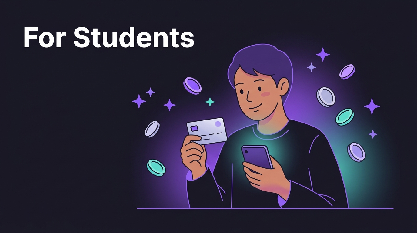 Student using a credit card with a smartphone, with coins and stars