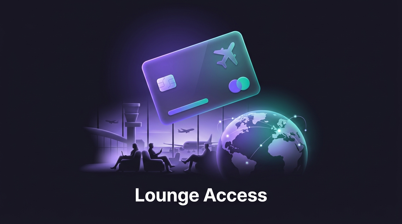 Stylized credit card floating above an airport lounge and globe, with 'Lounge Access' text