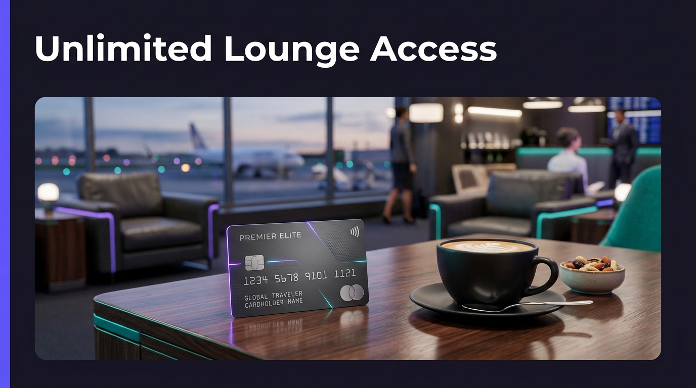 Credit card on airport lounge table with text Unlimited Lounge Access