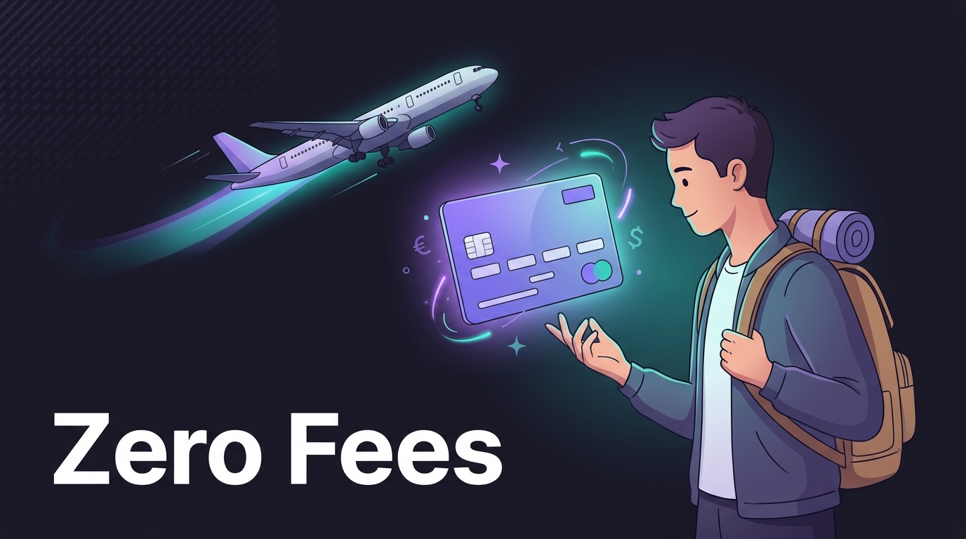 Young traveller with backpack and floating credit card, text Zero Fees