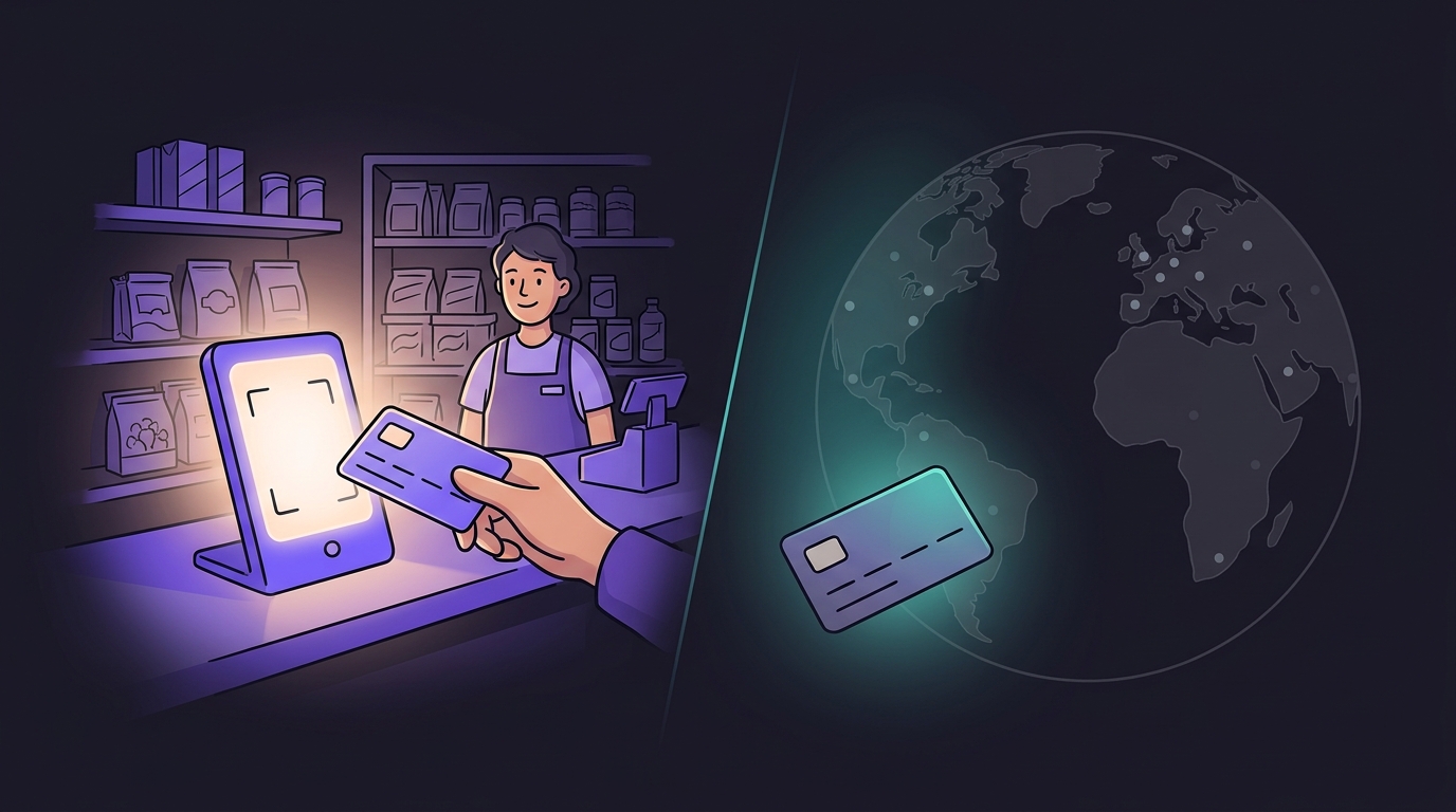 Credit card between a local shop counter and a dimmed globe, showing RuPay's local strength
