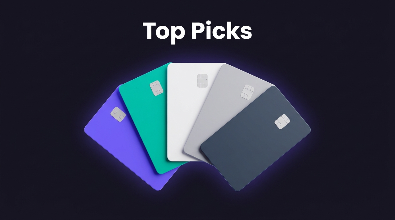 Five generic credit cards fanned out on a dark background