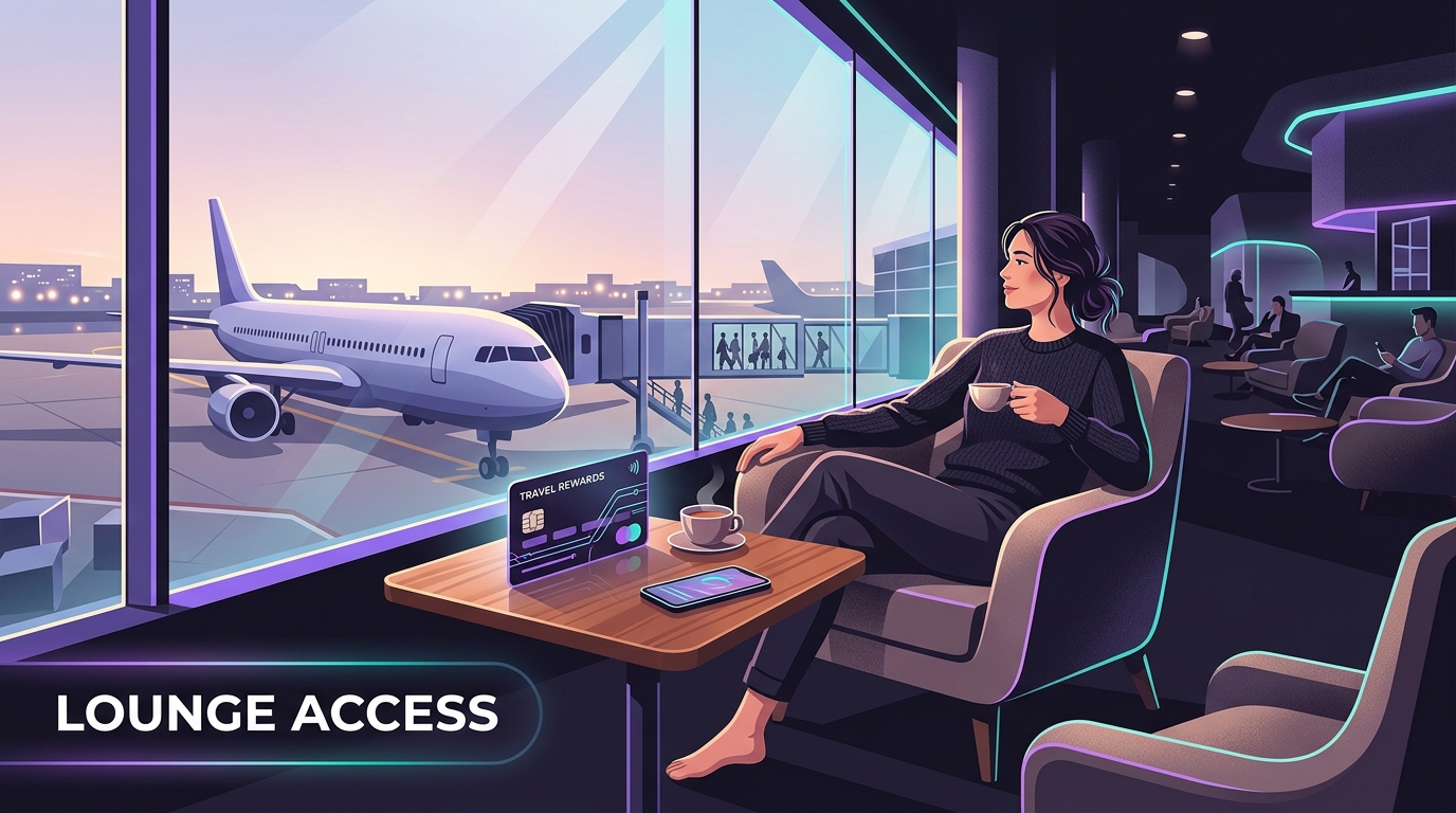 Traveller resting in an airport lounge with a credit card on the table