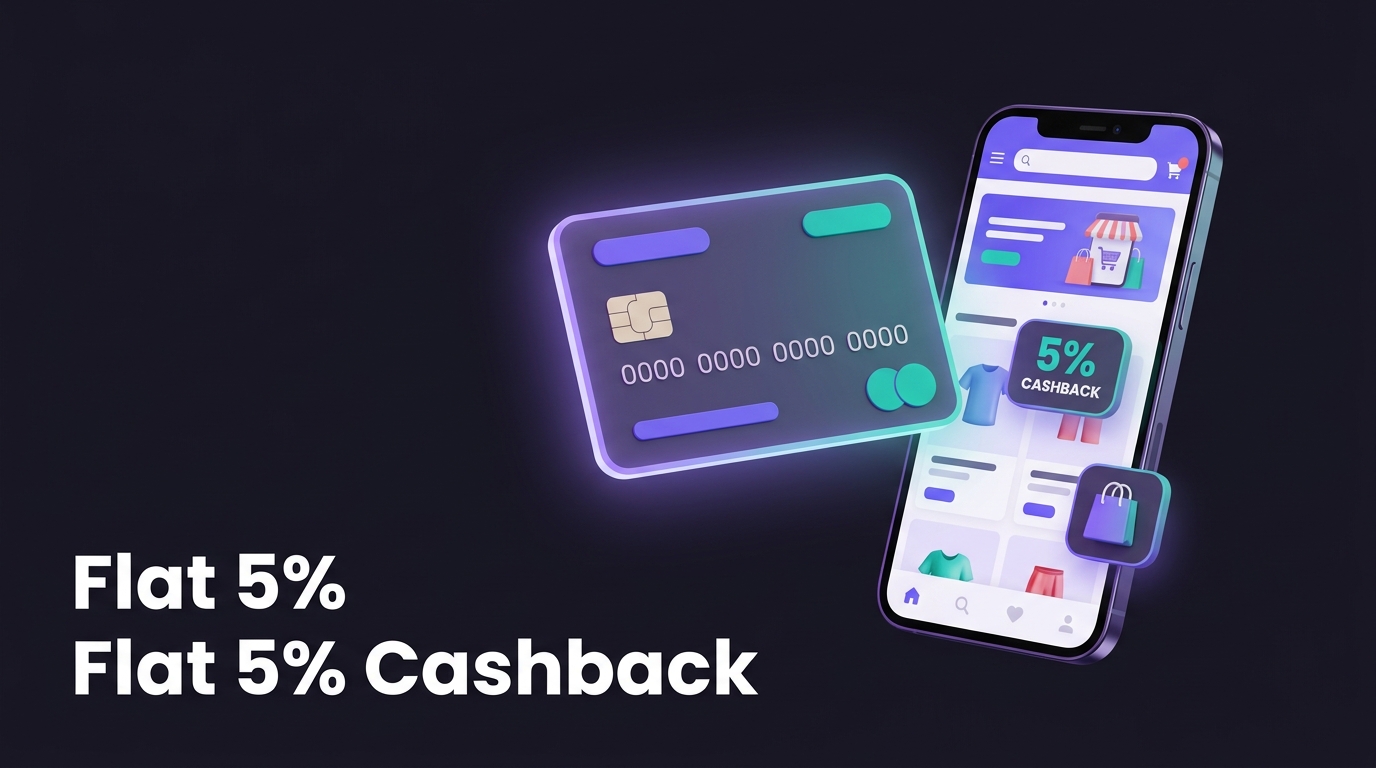 Generic credit card and smartphone showing 5% cashback badge