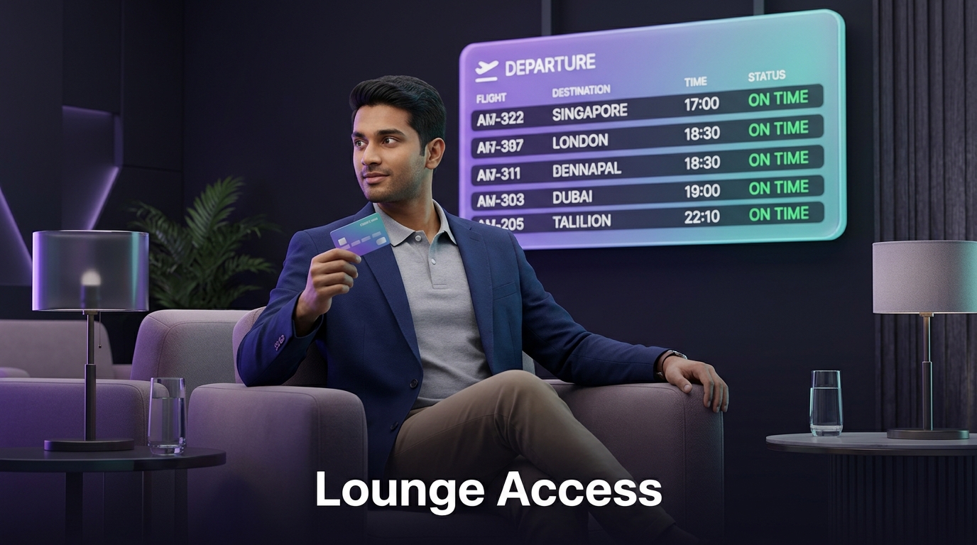 Traveller in an airport lounge with a credit card and departure board