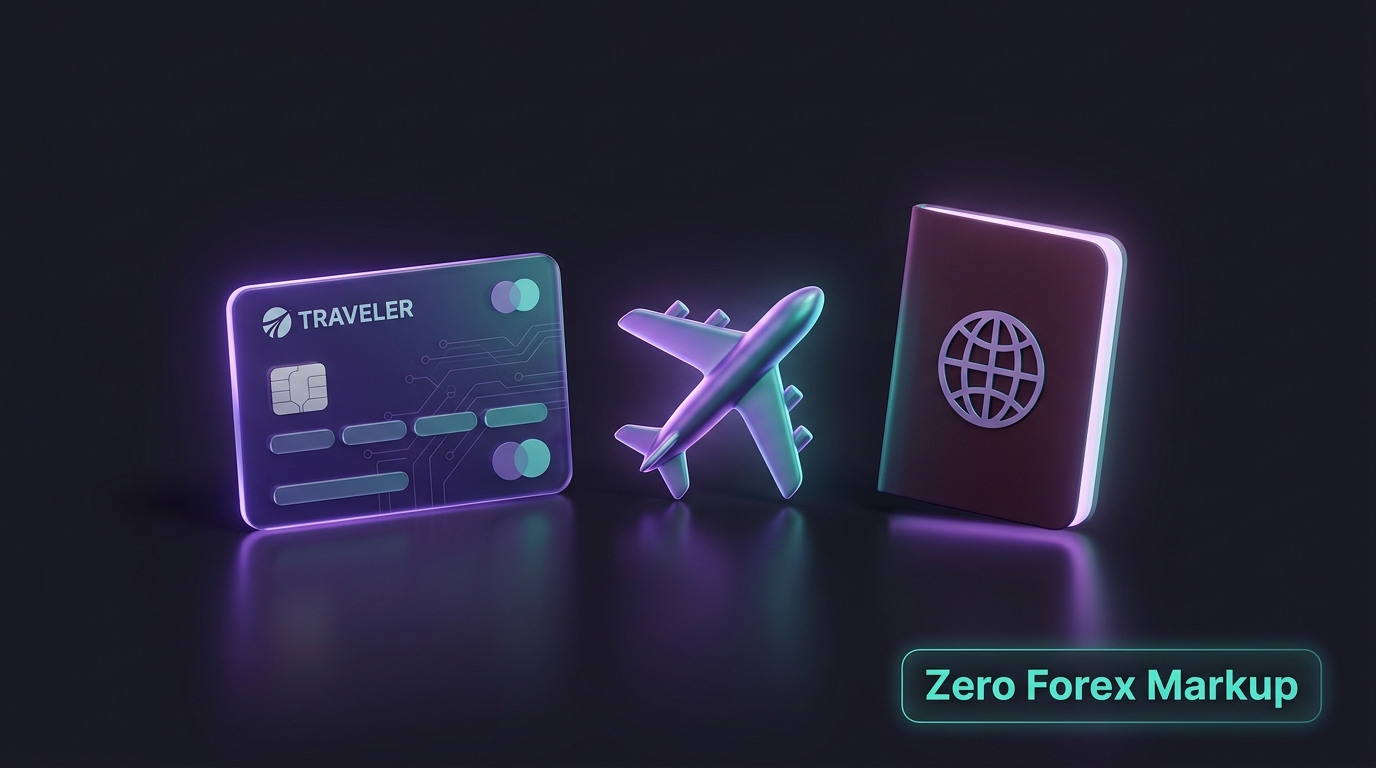Credit card beside an airplane and passport with zero forex markup callout