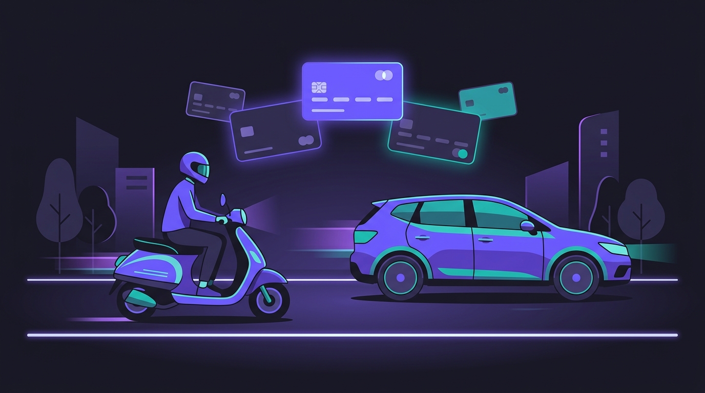Scooter rider and family car on a glowing road with floating cards
