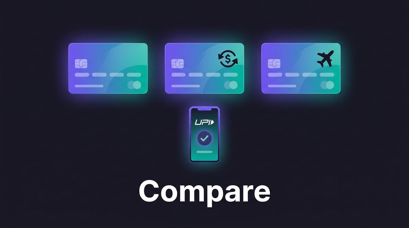 Three generic credit cards and phone with UPI checkmark