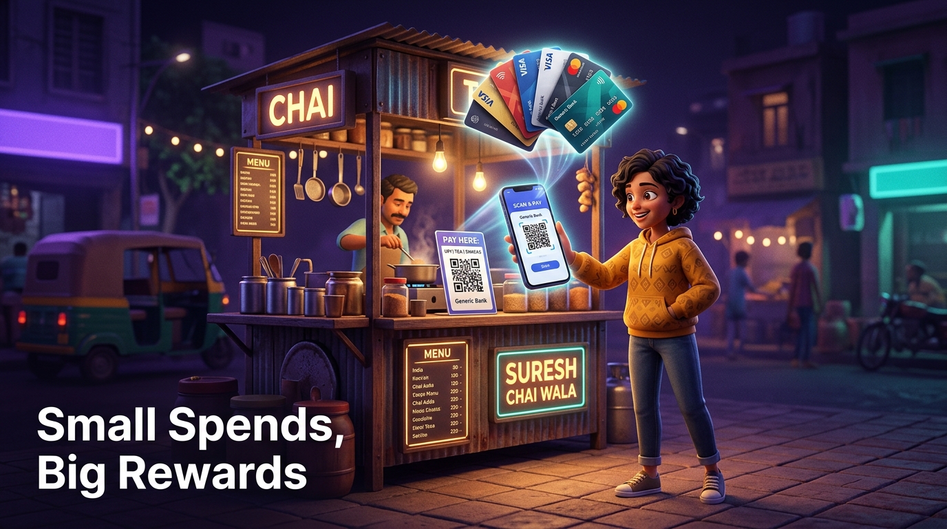 Person scanning a QR code at a tea stall with a phone showing UPI app